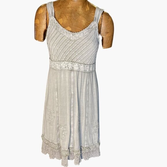 Coline Embroidery Lace Mixed Texture Sun Dress Sz L Sandwashed Olive Green 109S - Picture 1 of 8